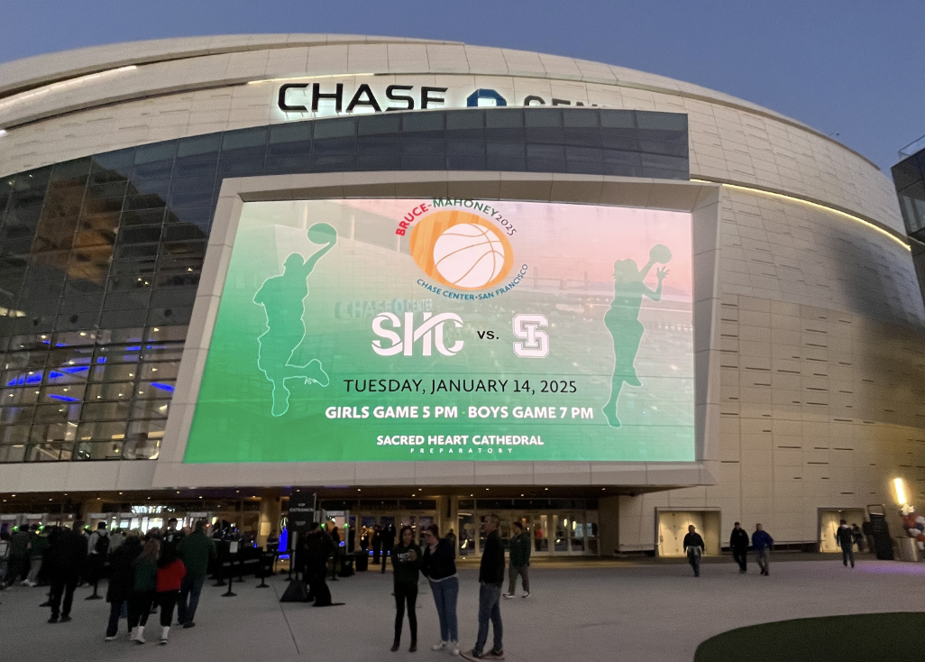 The Bruce Mahoney Double-Header games advertised outside the Chase Center.